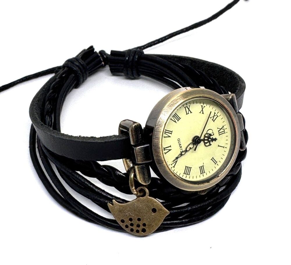 Black Wrap Ladies Women's Watch Wrap with Cute Bird Charm #1187 - Picture 3 of 8